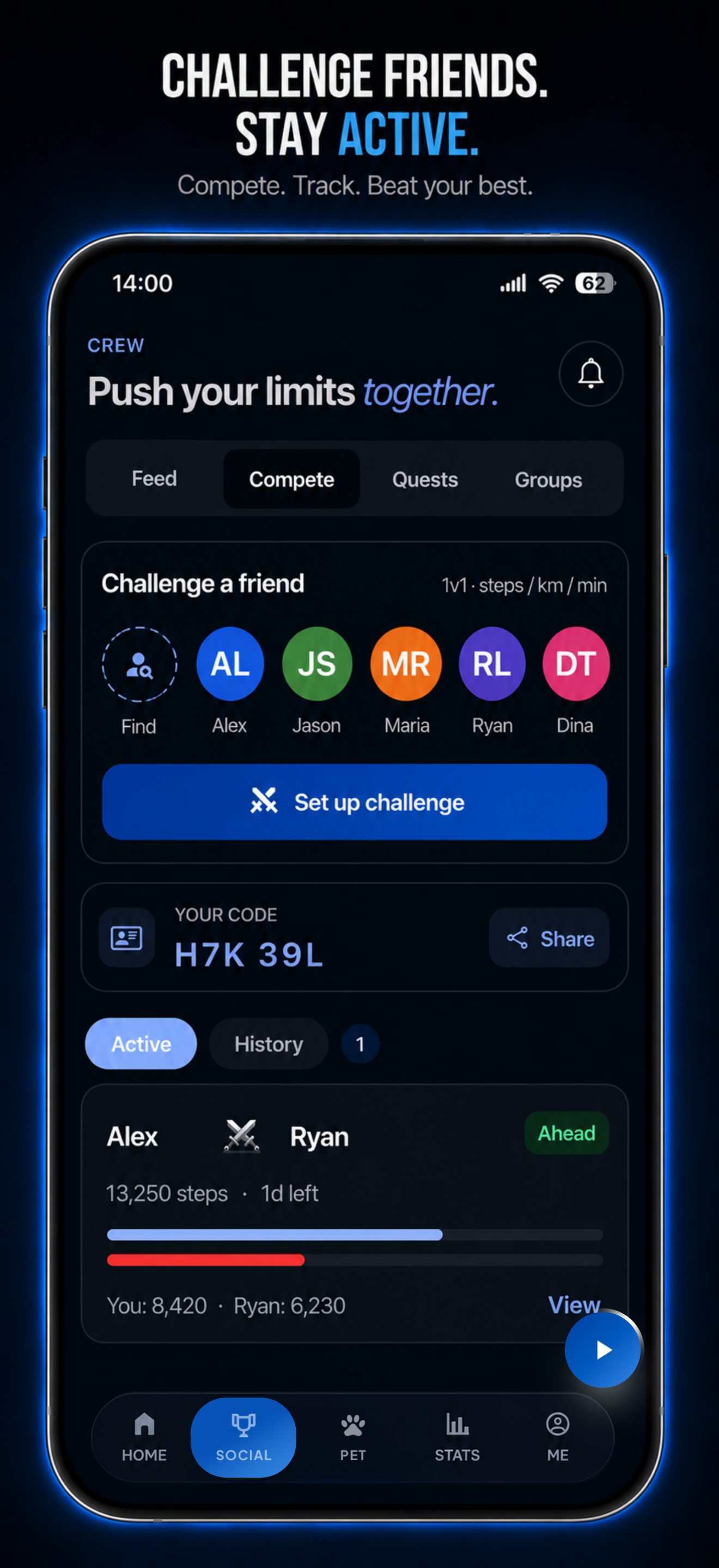 Challenge friends screen — 1v1 step battles