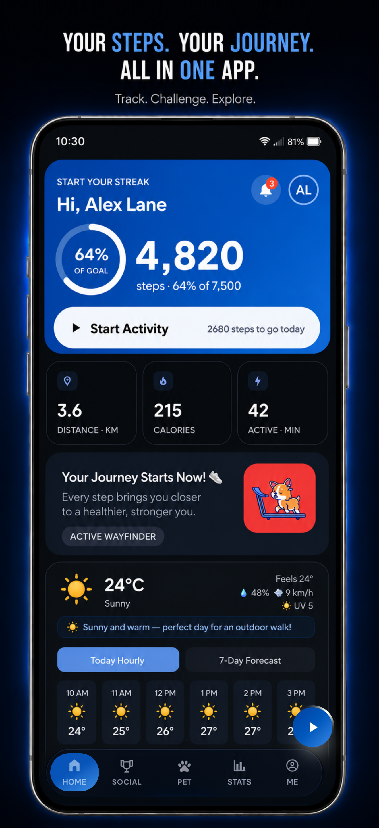 Wayrix home screen — daily steps, streak and activity stats