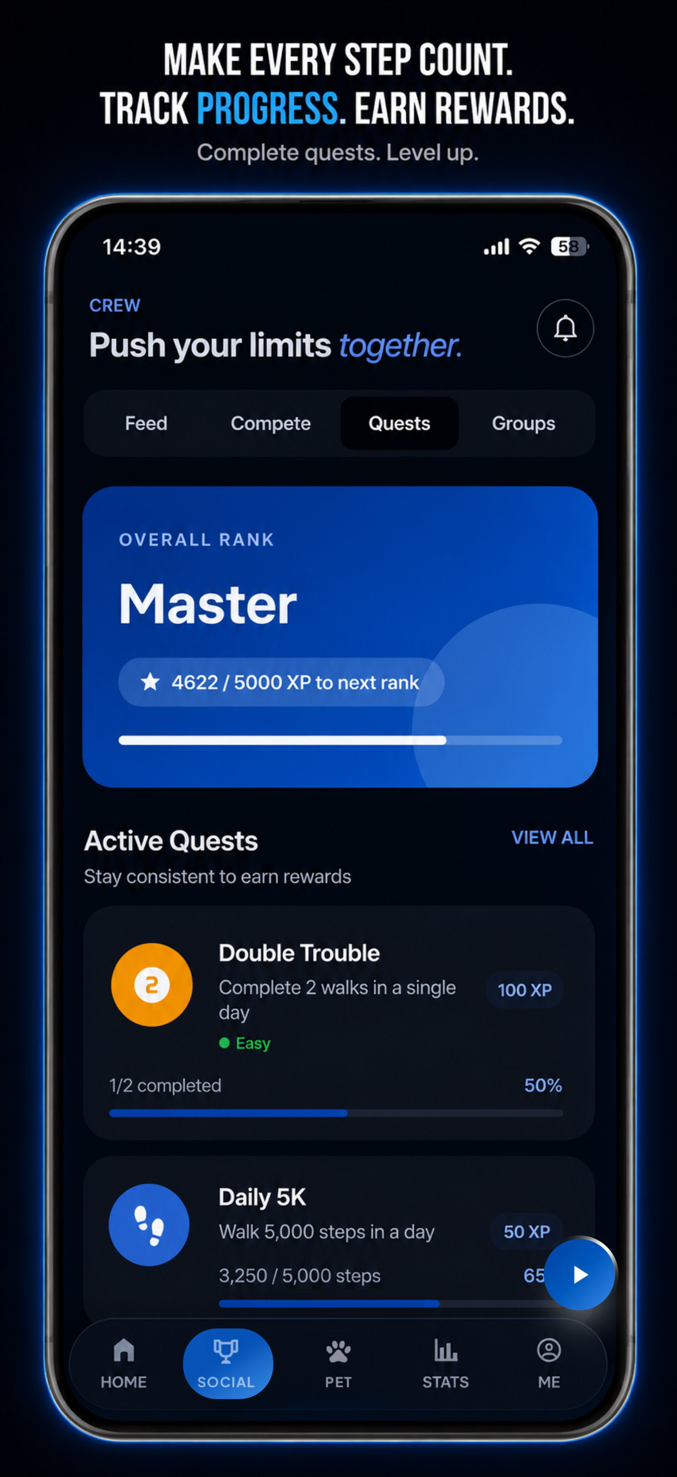 Quests screen — overall rank and active quests