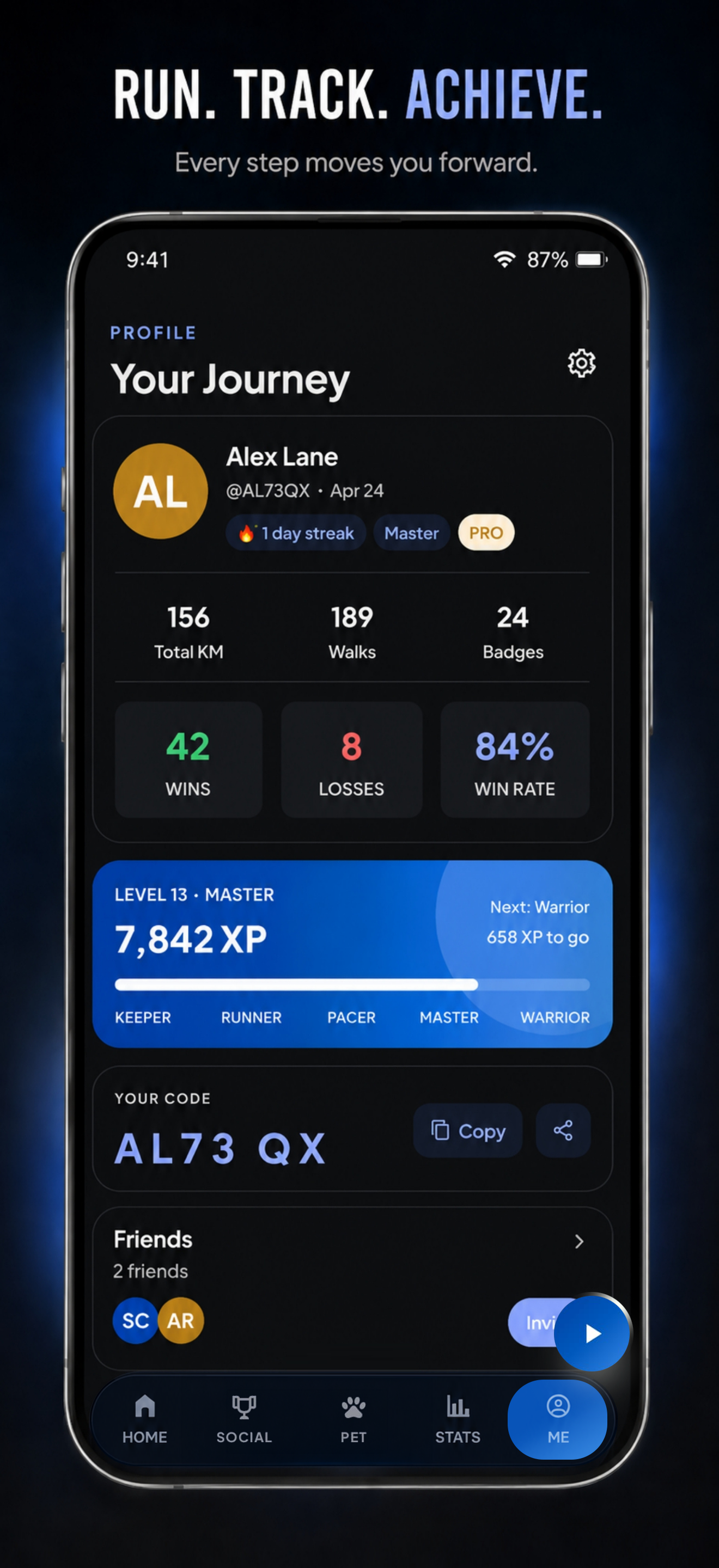 Profile screen — XP, wins, badges and friends