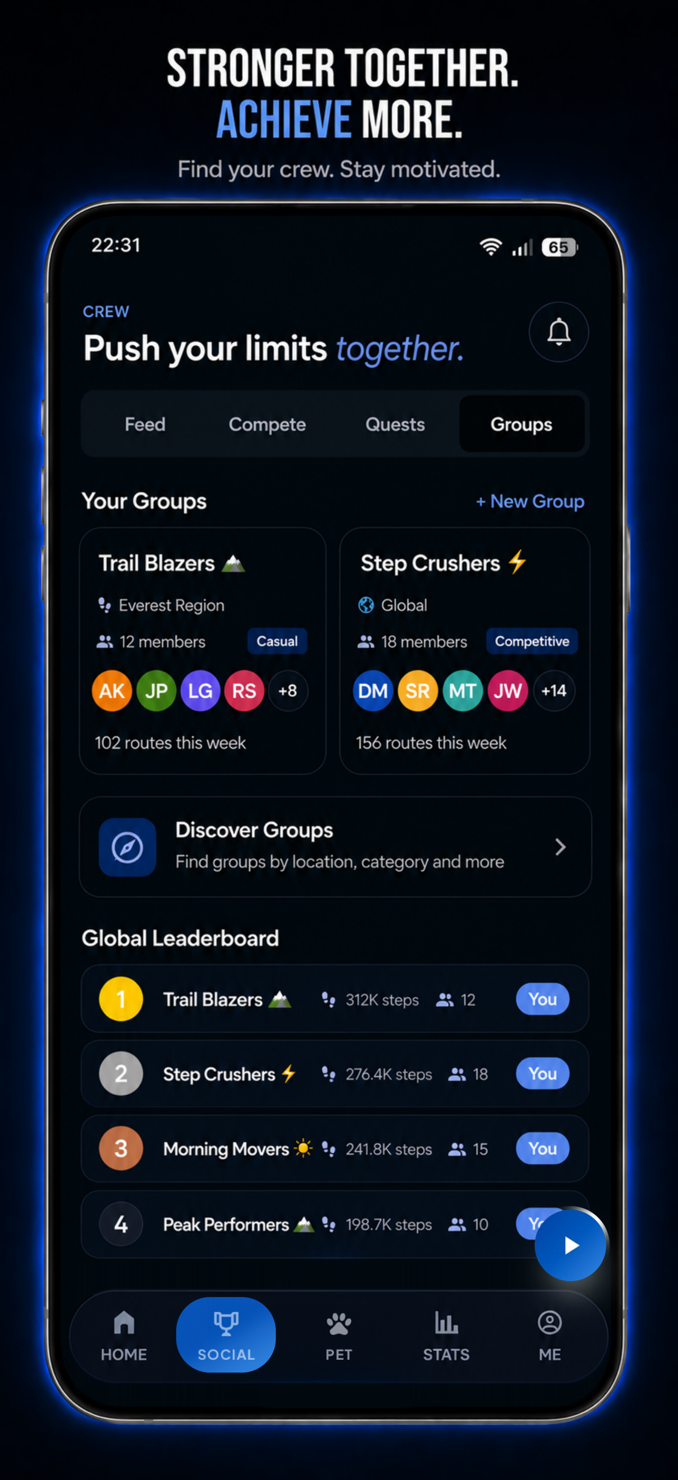 Groups screen — crews and global leaderboard